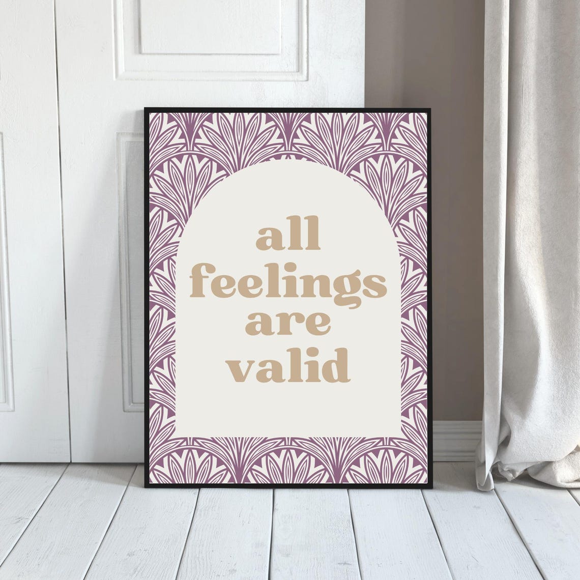 All Feelings Are Valid Mental Health Quote Mauve Leaf Pattern Poster - Image 3