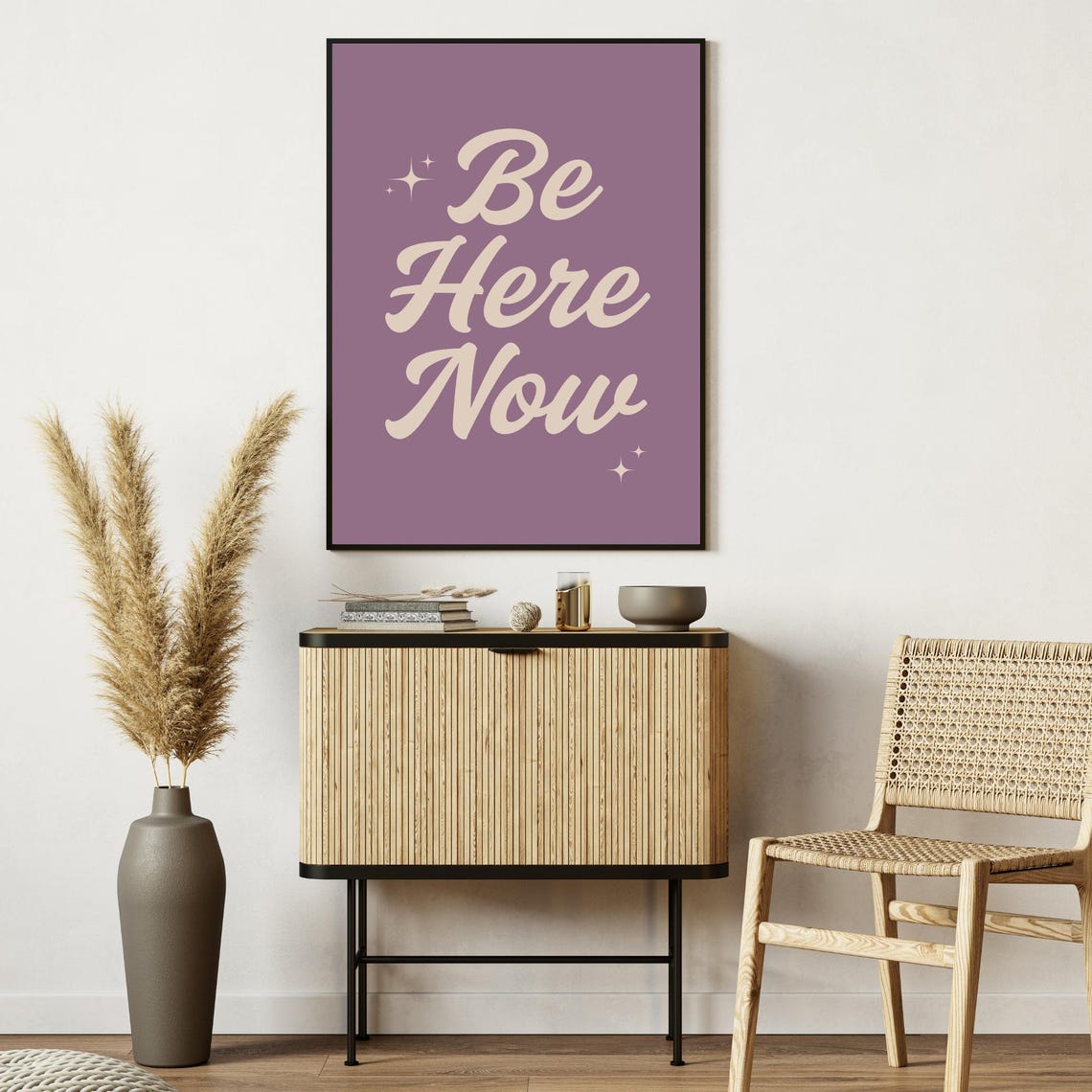 Be Here Now Mindfulness Quote Vintage Script Lettering Mauve Poster - Image 4