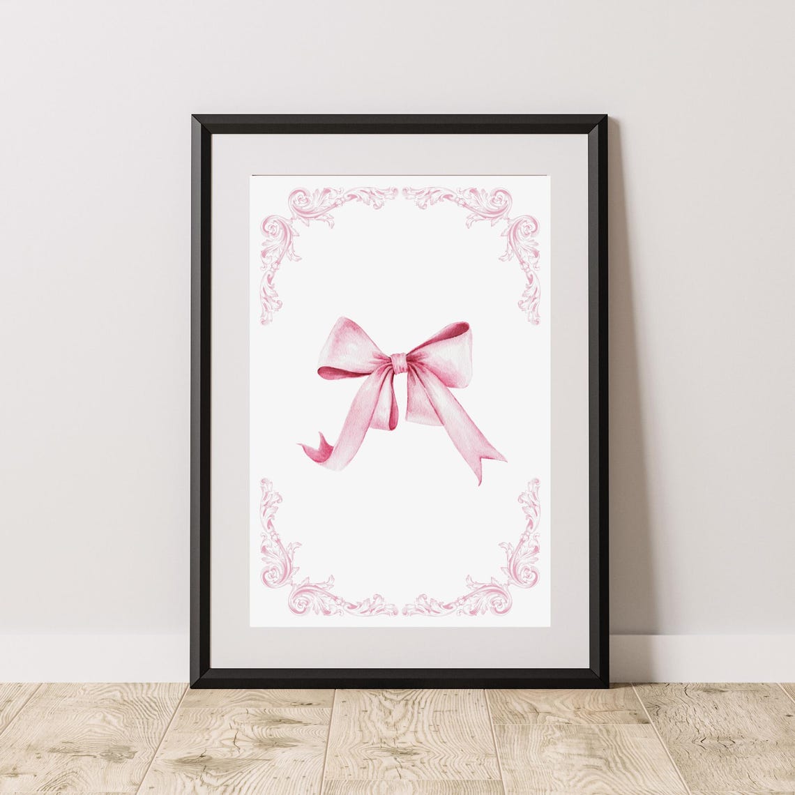 Pink Watercolor Ribbon Bow With Baroque Corner Flourish Art Poster - Image 3