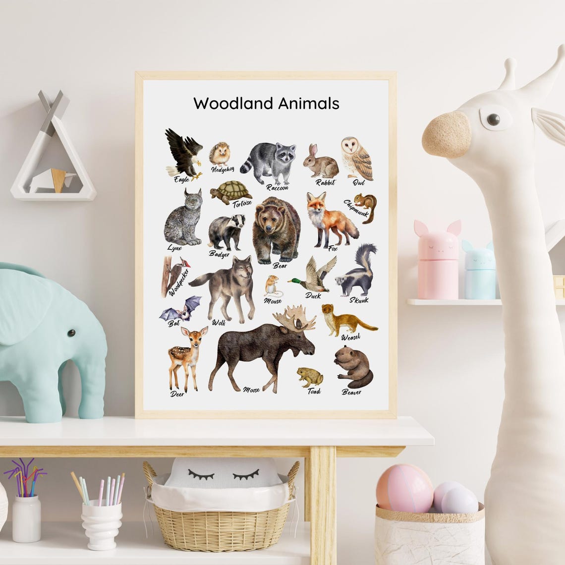 Woodland Animals Watercolor Chart Bear Fox Owl Educational Kids Poster - Image 6