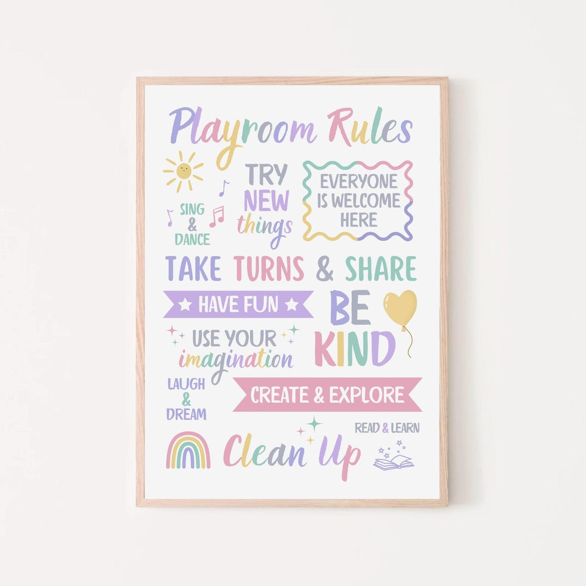 Pastel Playroom Rules Sign Be Kind Share Create Colorful Wall Poster