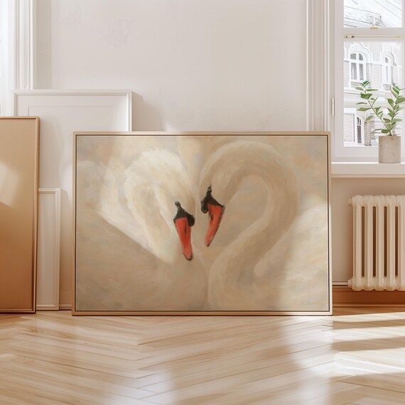 White Swan Couple Oil Painting Antique Wall Art For Bedroom Nursery And Living Room Prints