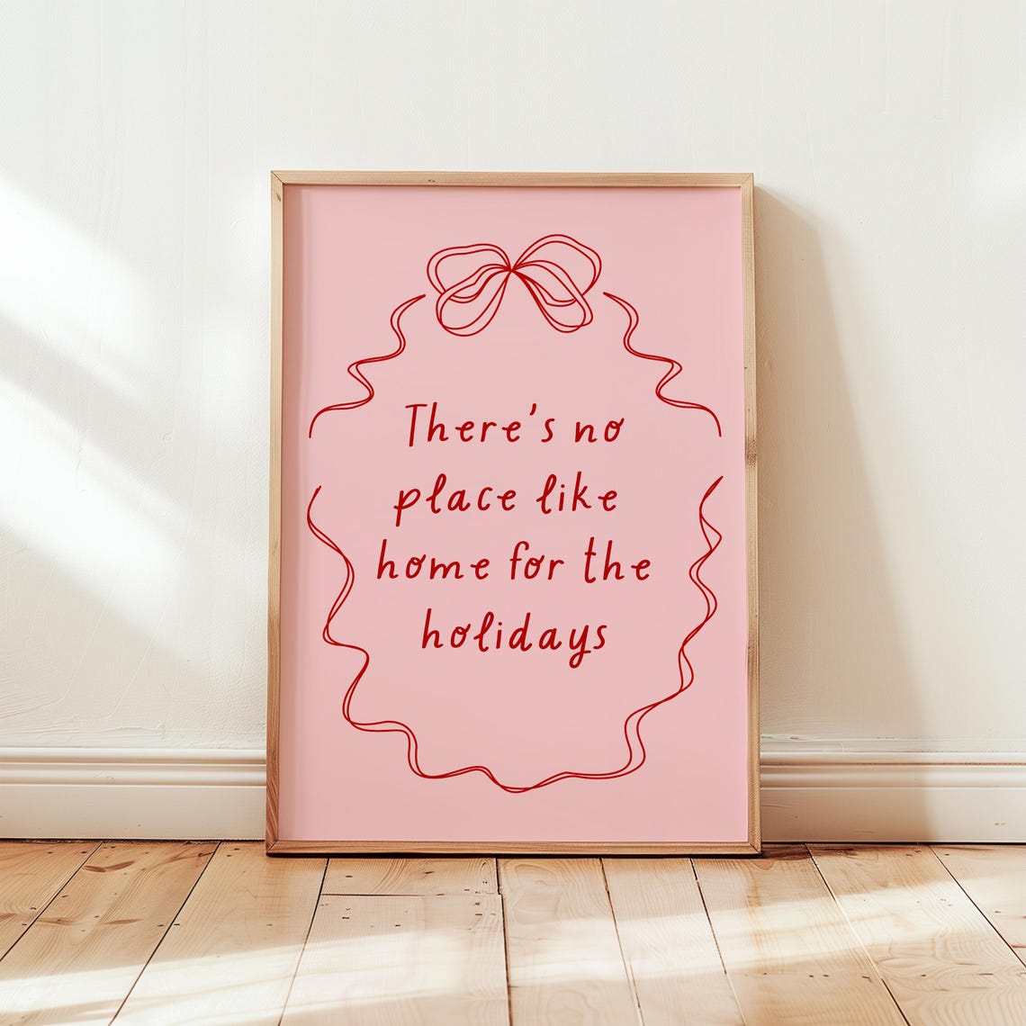 There's No Place Like Home Pink Christmas Bow Script Art Print