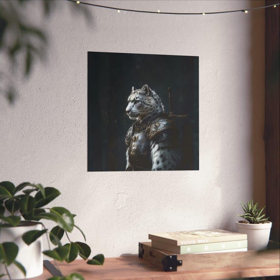 Maximalist Eclectic Medieval Snow Leopard Knight Poster Print Bold Altered Animal Portrait Fantasy Colorful Renaissance Rustic Art
