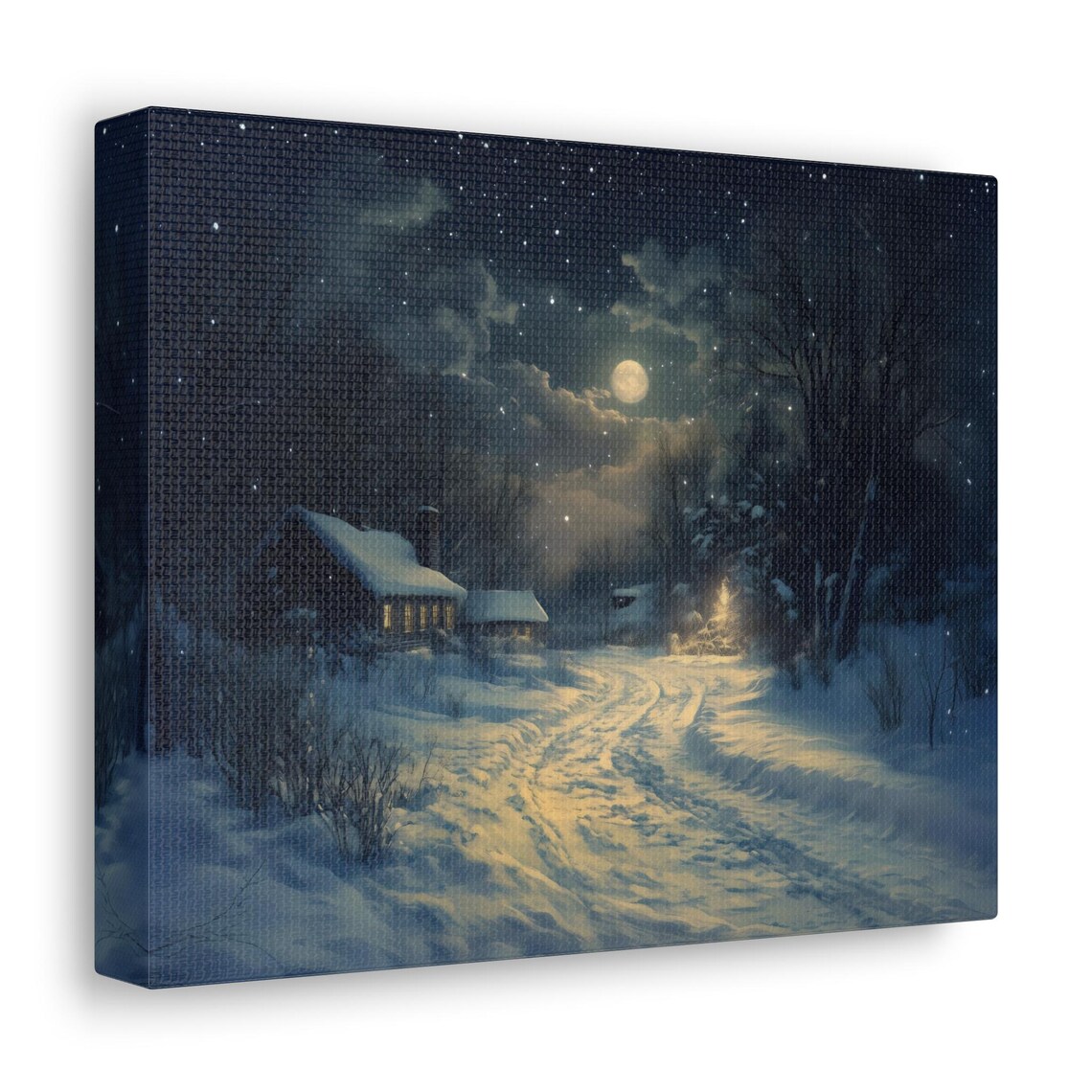 Full Moon Over Snow Covered Trail To Cozy Cabin In Winter Night Wall Art - Image 2