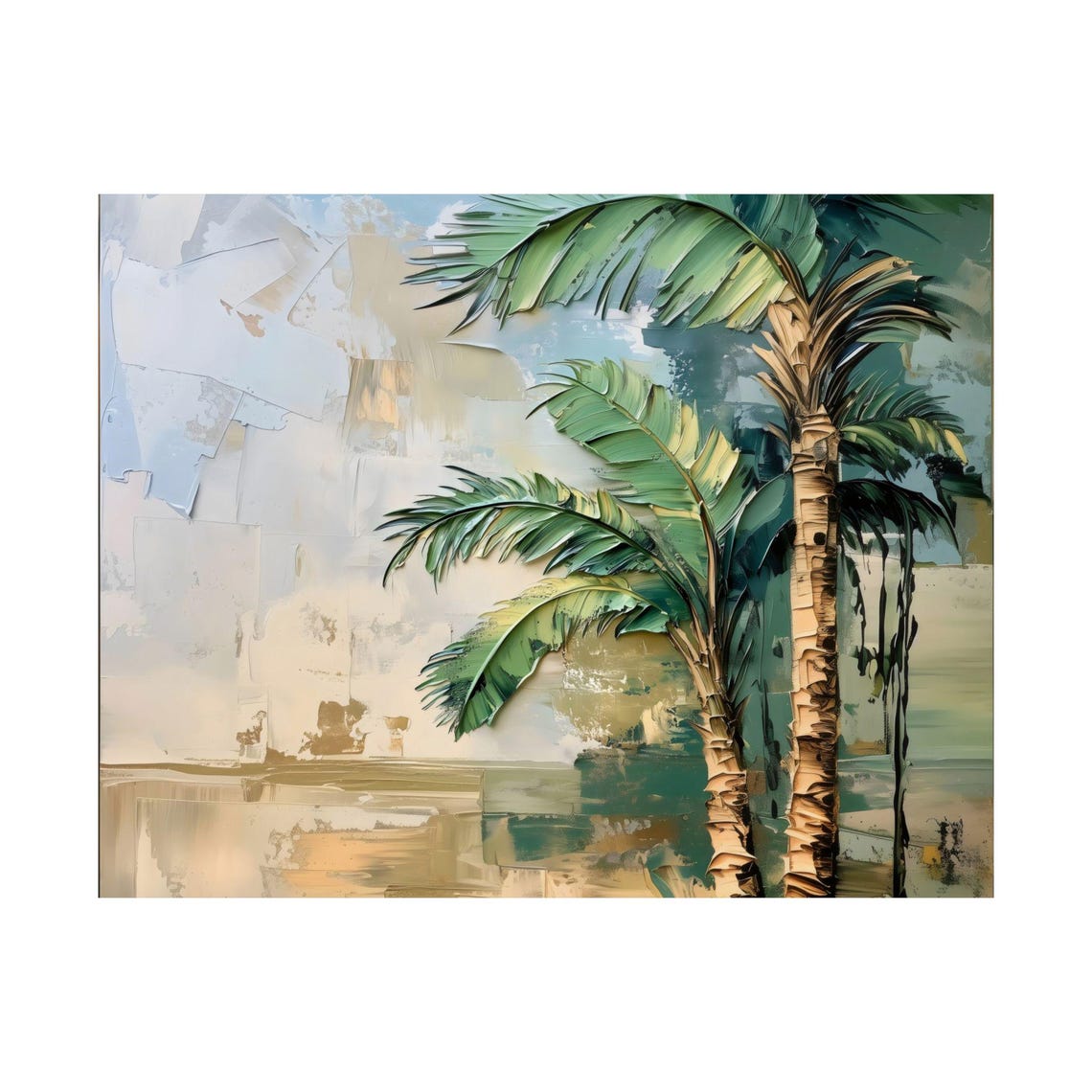 Palm Trees Textured Impasto Art Print With Soft Warm Beige Tones - Image 3