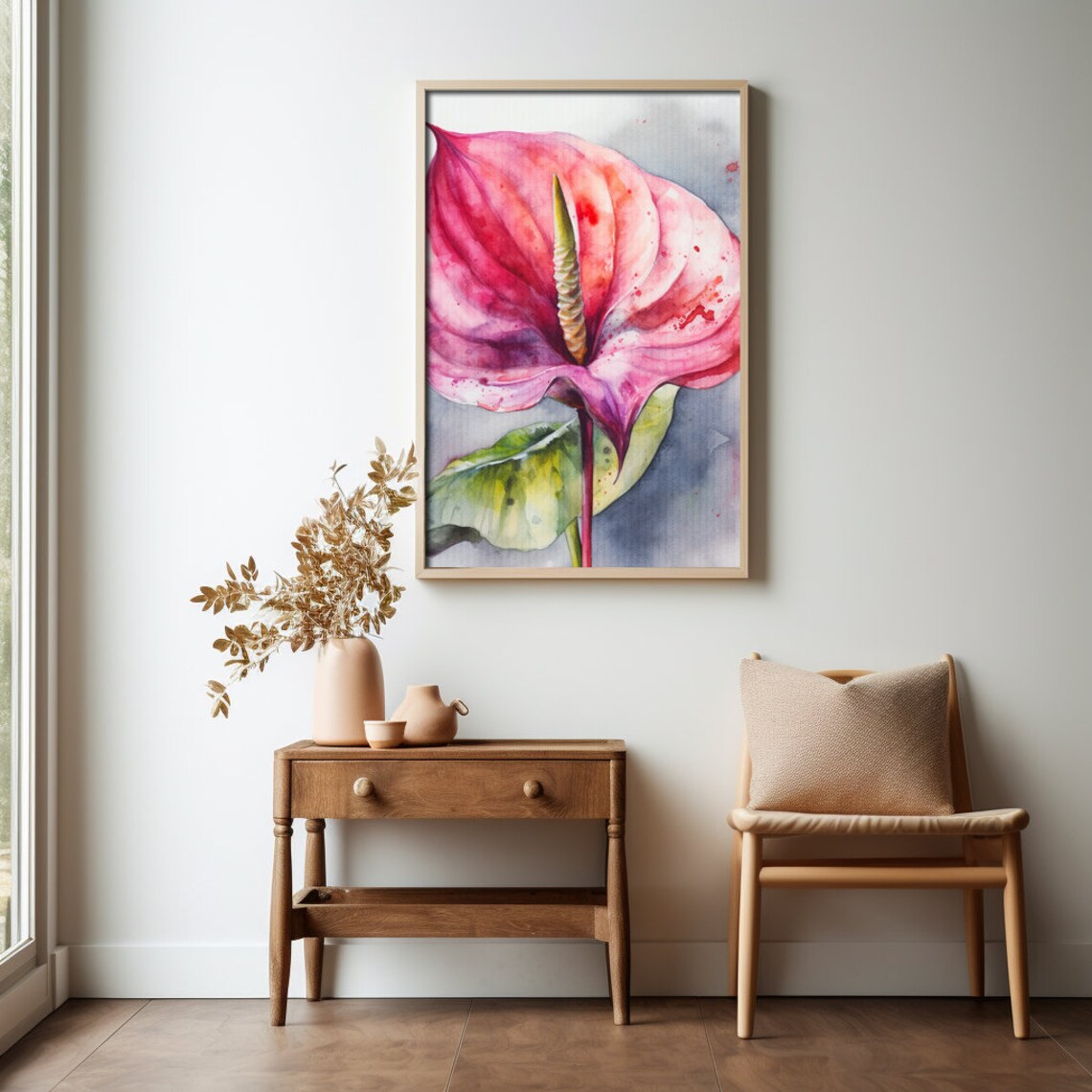 Anthurium Flower Watercolor Painting Realistic Flamingo Lily Watercolor For Hallway Bathroom Living Room Office Anthurium Painting - Image 4