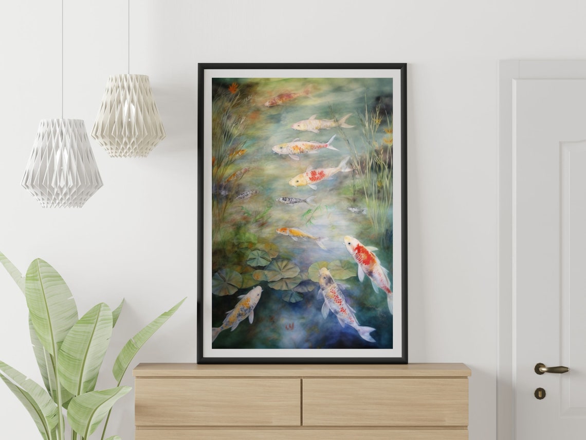 Koi Fish School Watercolor Pond Lilies Japanese Zen Painting Poster - Image 3