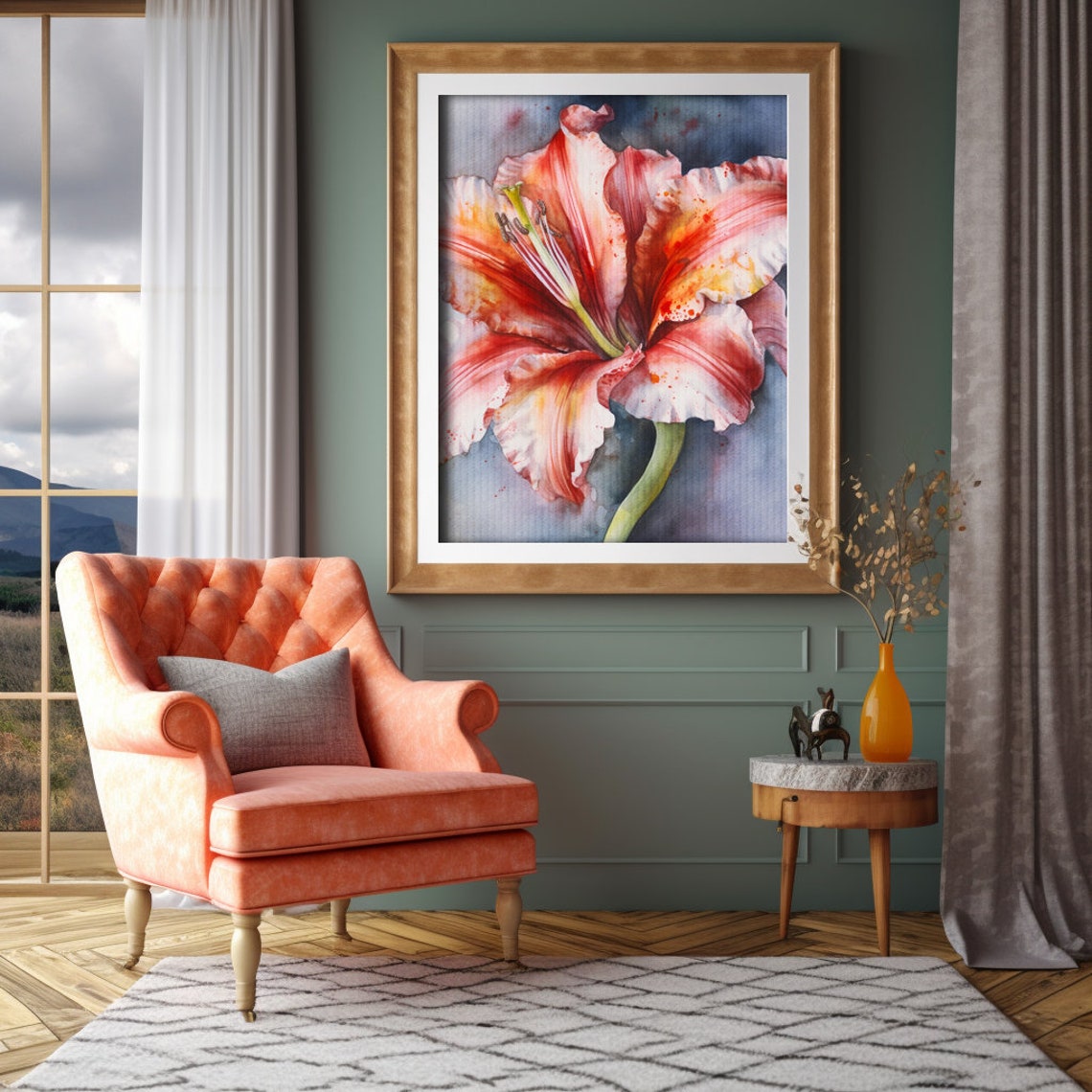 Coral Red Daylily Bloom Watercolor Floral Close Up Painting Print - Image 3