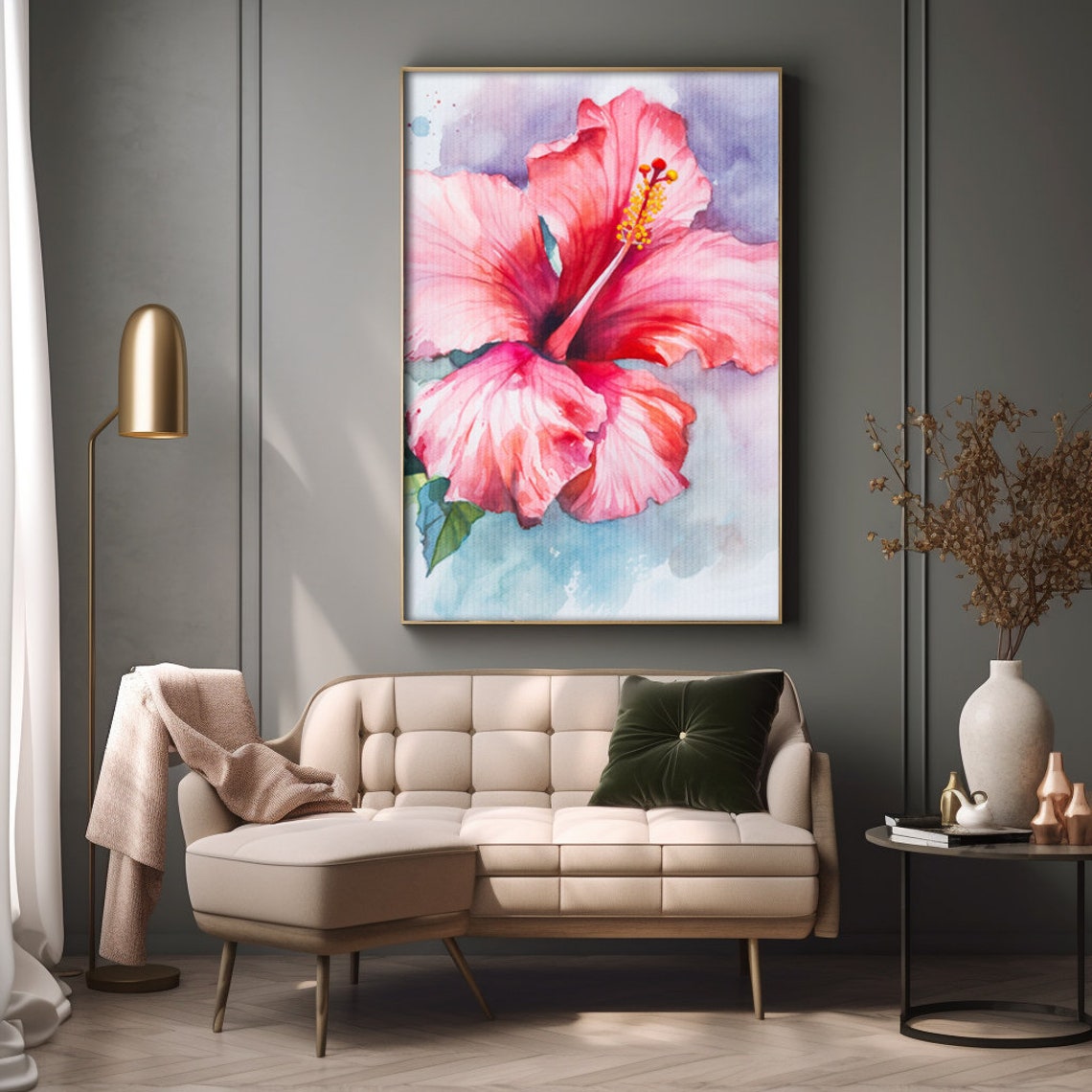 Hibiscus Flower Watercolor Painting Realistic Hibiscus Watercolor For Hallway Bathroom Living Room Office Hibiscus Painting - Image 3