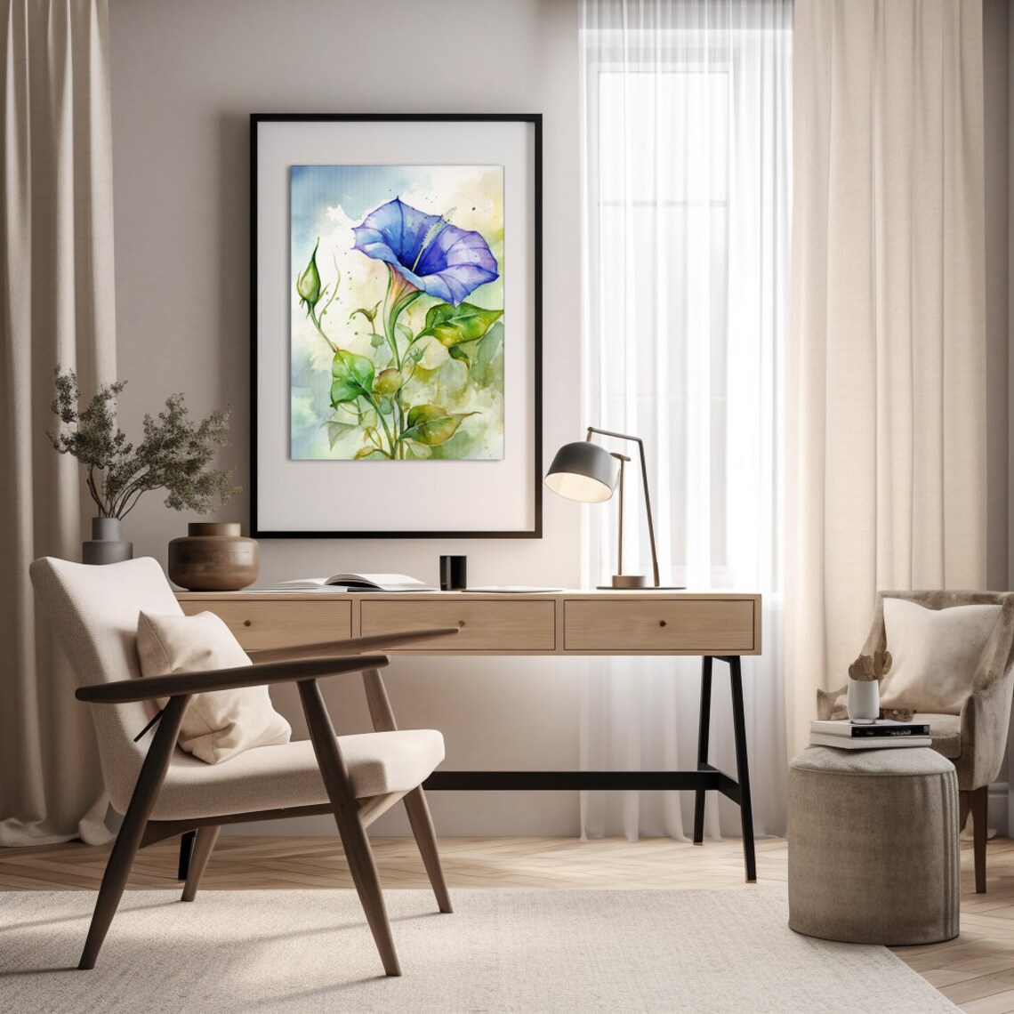 Blue Morning Glory Flower Watercolor Botanical Garden Poster - Image 2