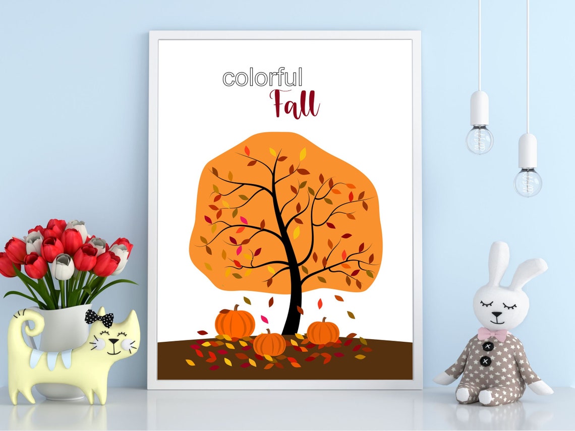 Colorful Fall Tree Pumpkins Kids Autumn Season Illustration Poster