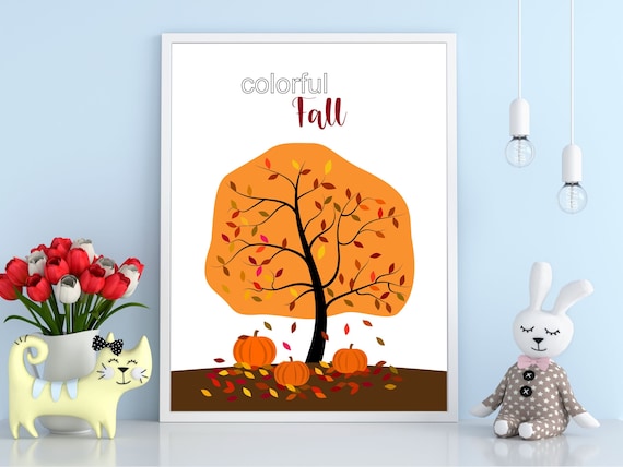 Colorful Fall Tree Pumpkins Kids Autumn Season Illustration Poster