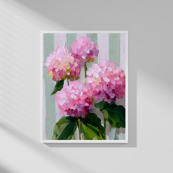 Baby Pink Hydrangea Wall Art Sage Green White Stripes Gouache Style Pastel Print Matisse Fauvism Oil Painting Decor