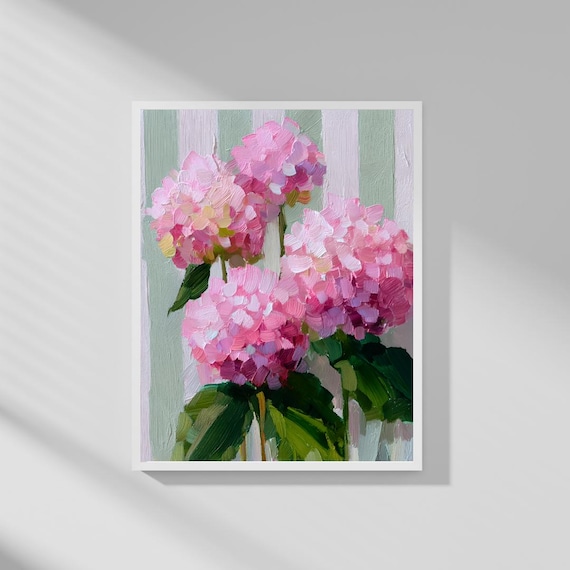 Pink Hydrangea Flowers Impasto Oil Painting Floral Still Life Poster