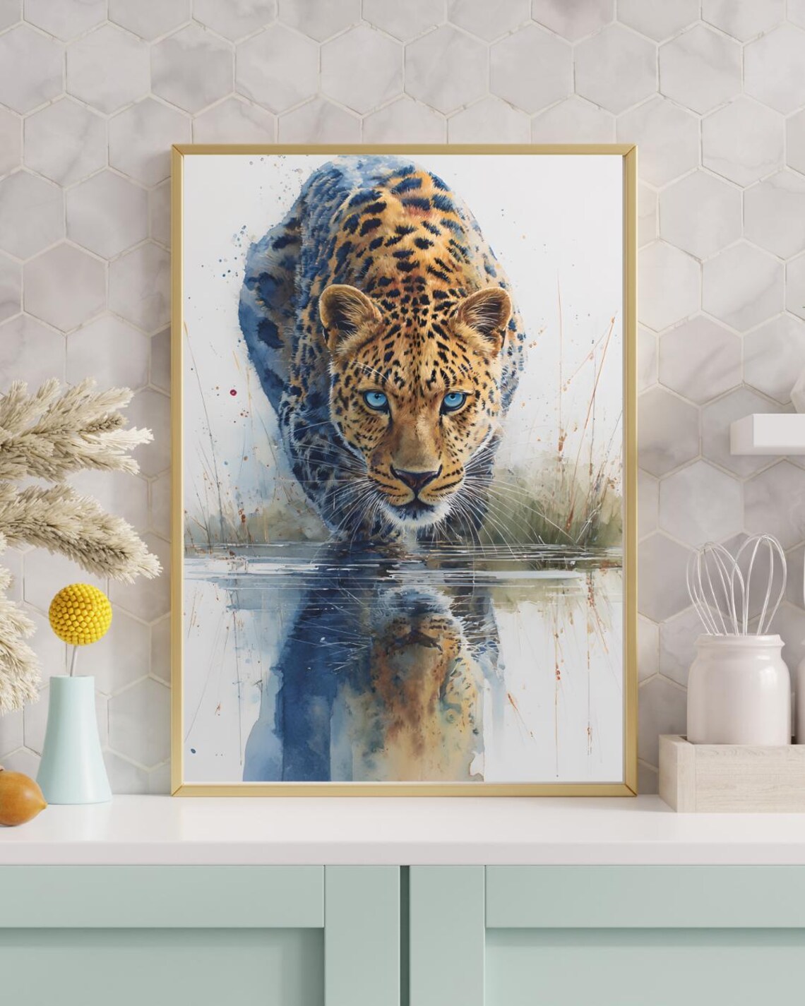 Blue Eyed Leopard Drinking Water Watercolor Wildlife Big Cat Art Poster