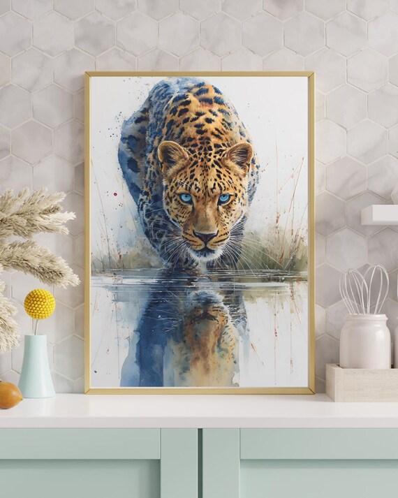 Blue Eyed Leopard Drinking Water Watercolor Wildlife Big Cat Art Poster