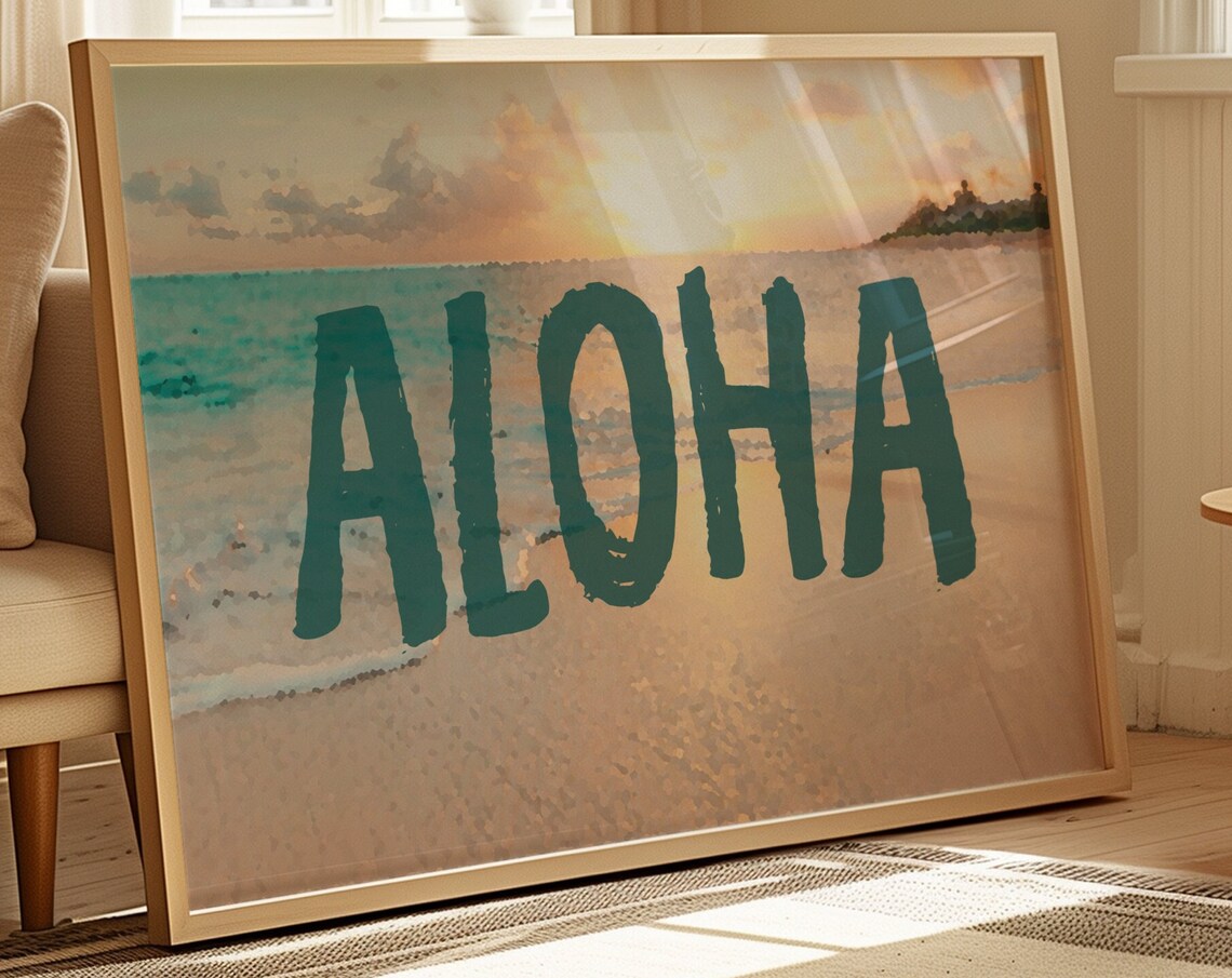 Aloha Teal Brush Lettering Beach Sunset Photo Hawaiian Greeting Poster