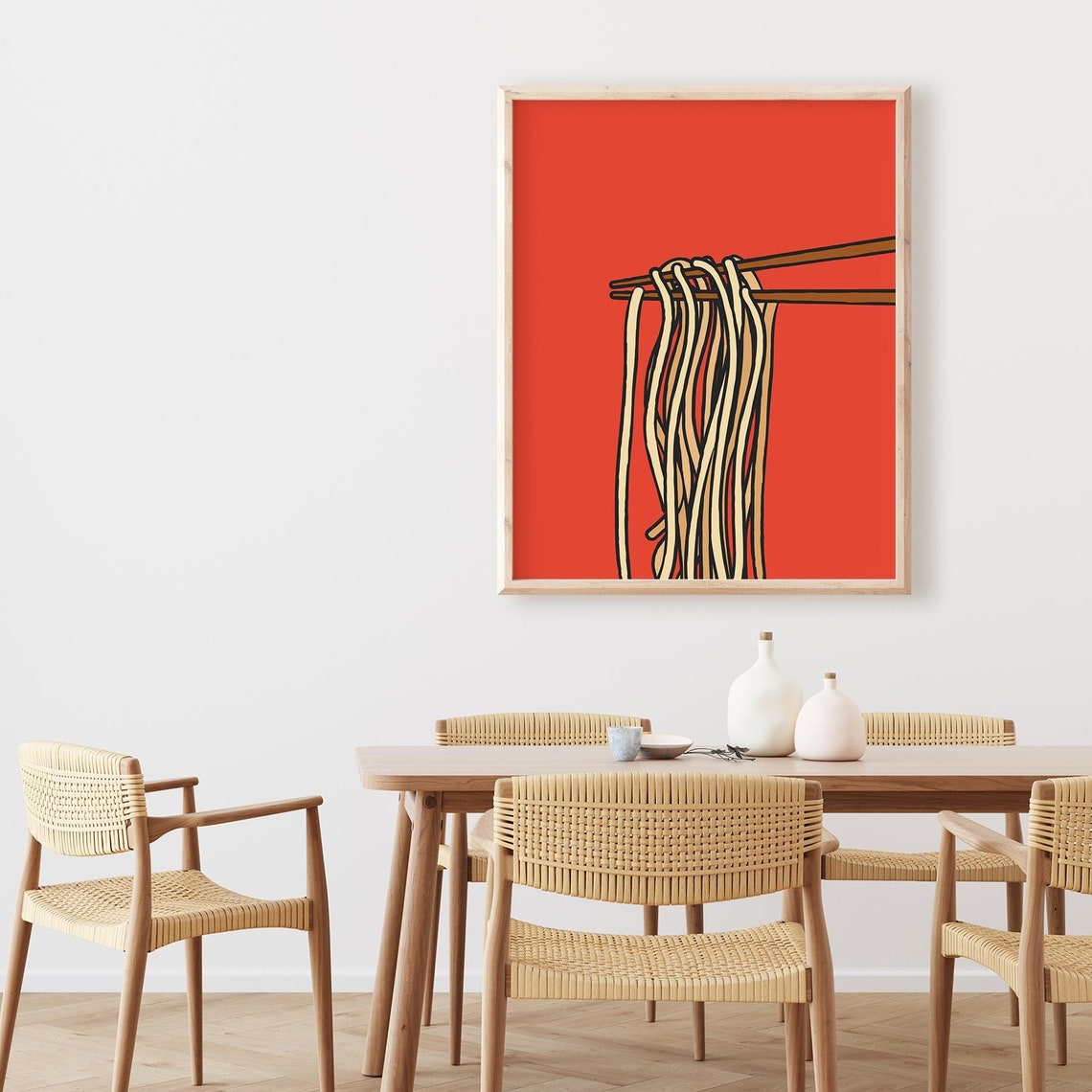 Ramen Chopsticks Lifting Noodles Bold Red Background Kitchen Poster