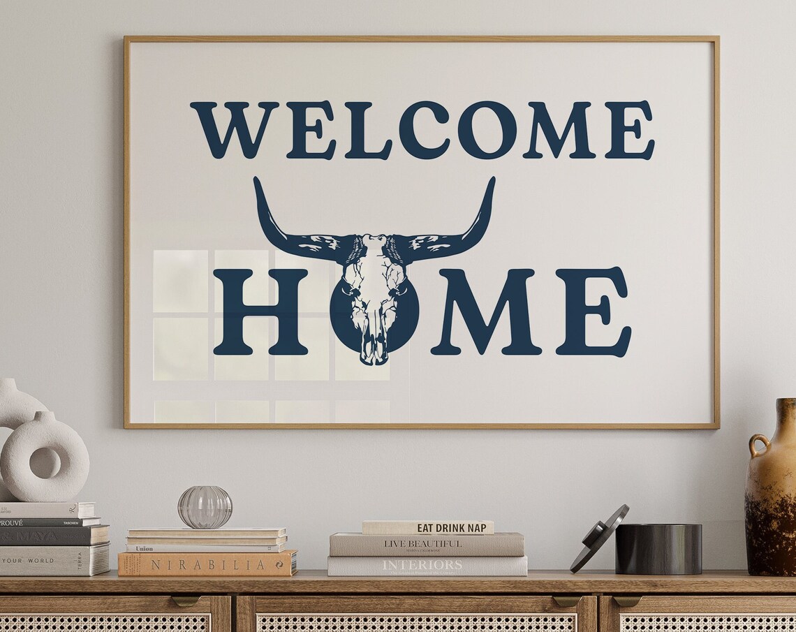 Welcome Home Longhorn Steer Skull Navy Western Entryway Art Poster