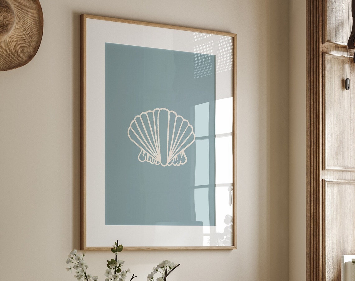 White Scallop Shell Minimalist Line Art Dusty Blue Beach Poster