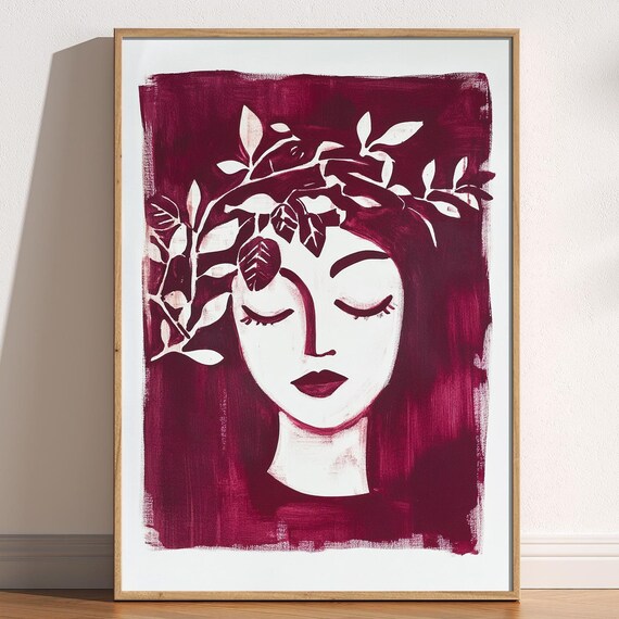 Burgundy Woman Face Leaf Crown Modern Minimalist Style Poster