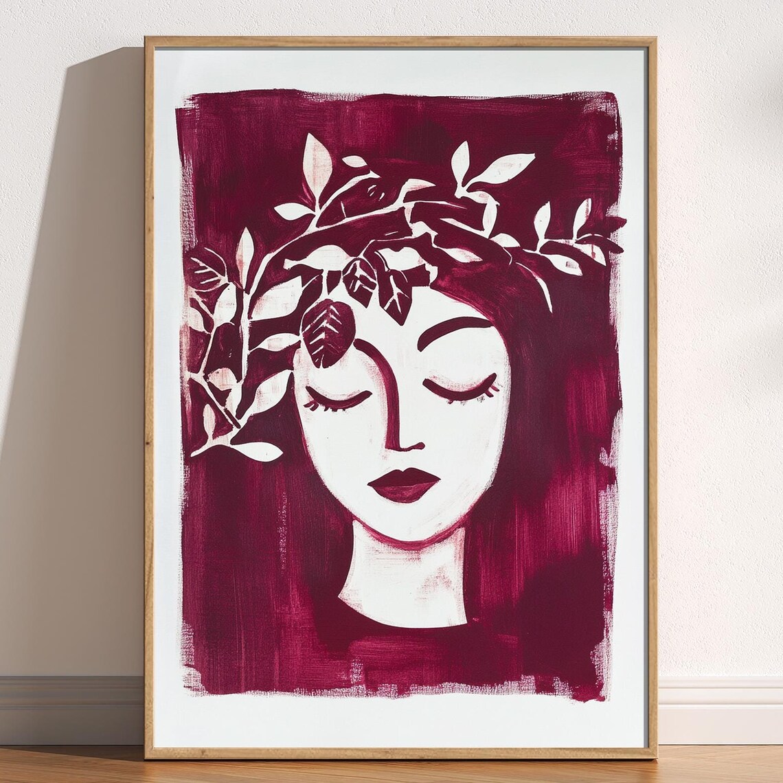Burgundy Woman Face Leaf Crown Modern Minimalist Style Poster