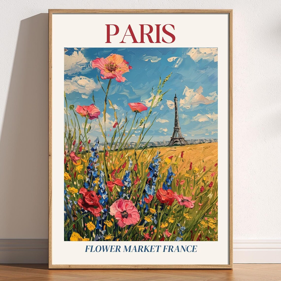 Paris France Flower Market Eiffel Tower Wildflower Field Travel Poster