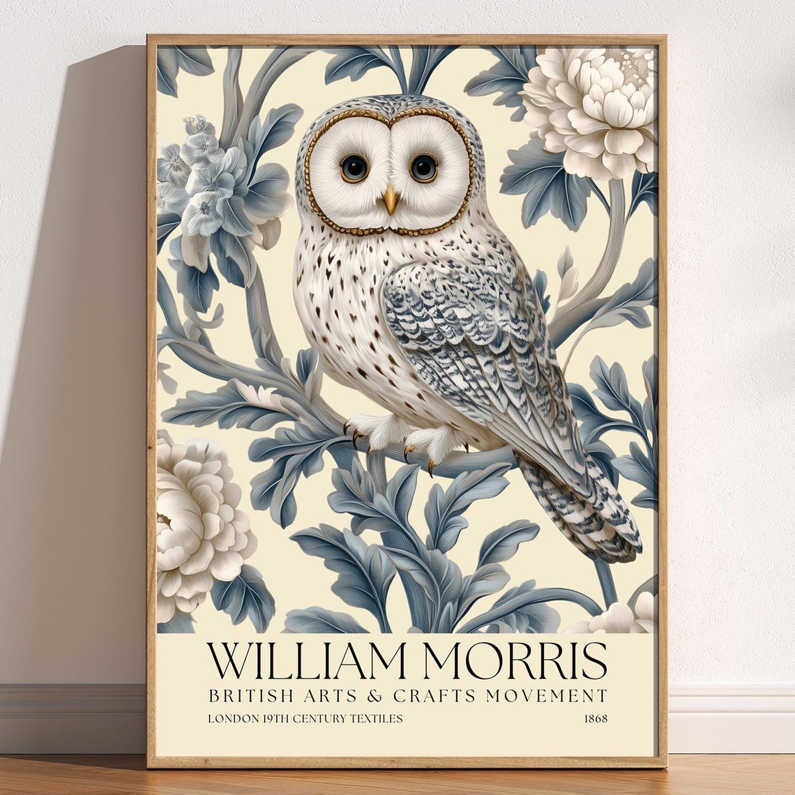 William Morris Owl Blue Floral Vintage Botanical Style Poster