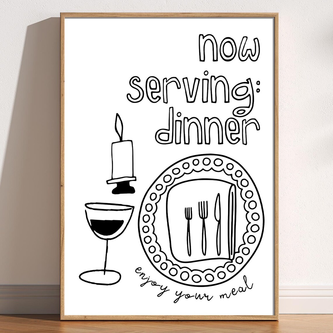 Now Serving Dinner Enjoy Your Meal Kitchen Doodle Art Poster