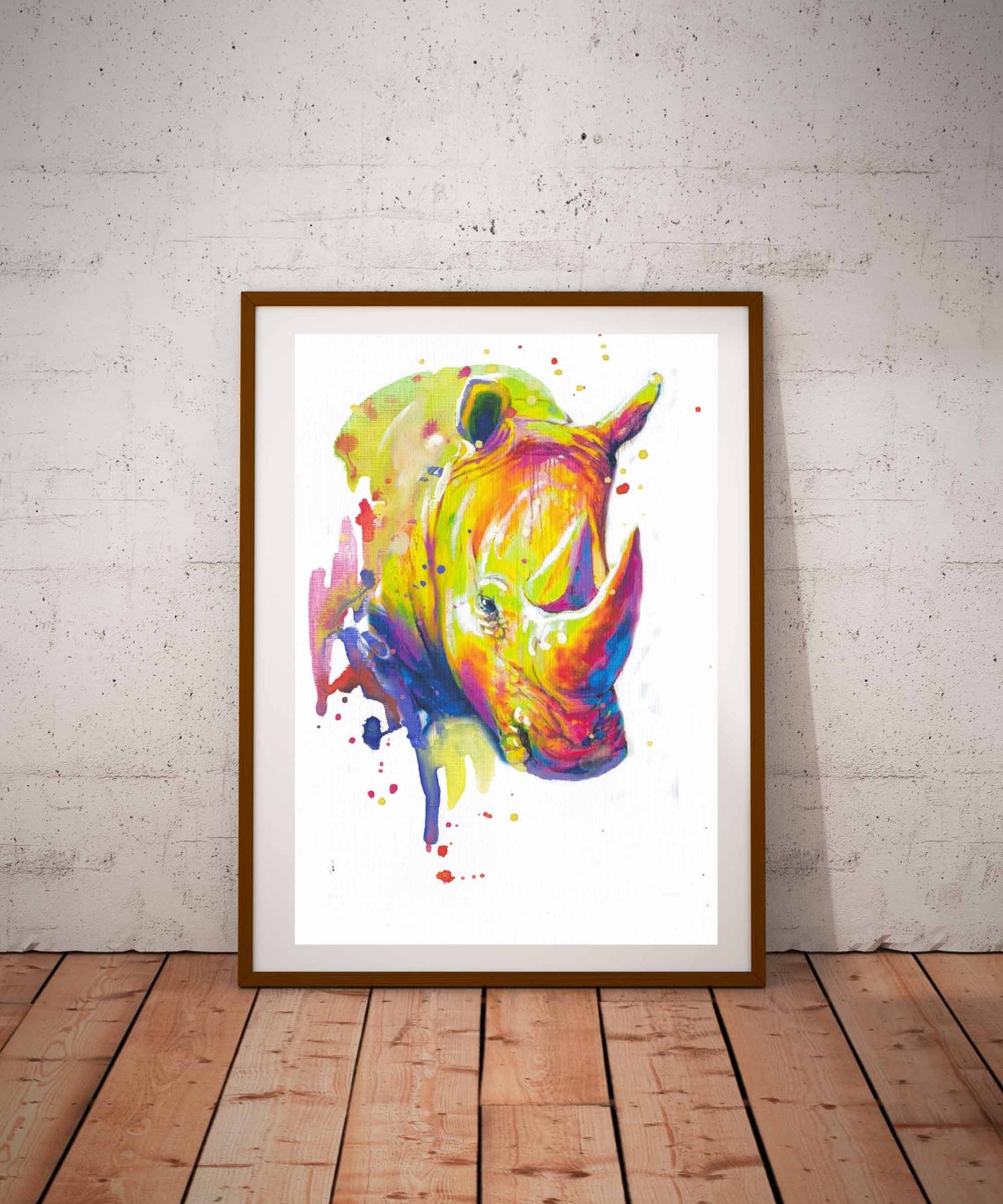Rhinoceros Head Rainbow Watercolor Paint Drip Safari Animal Art Poster
