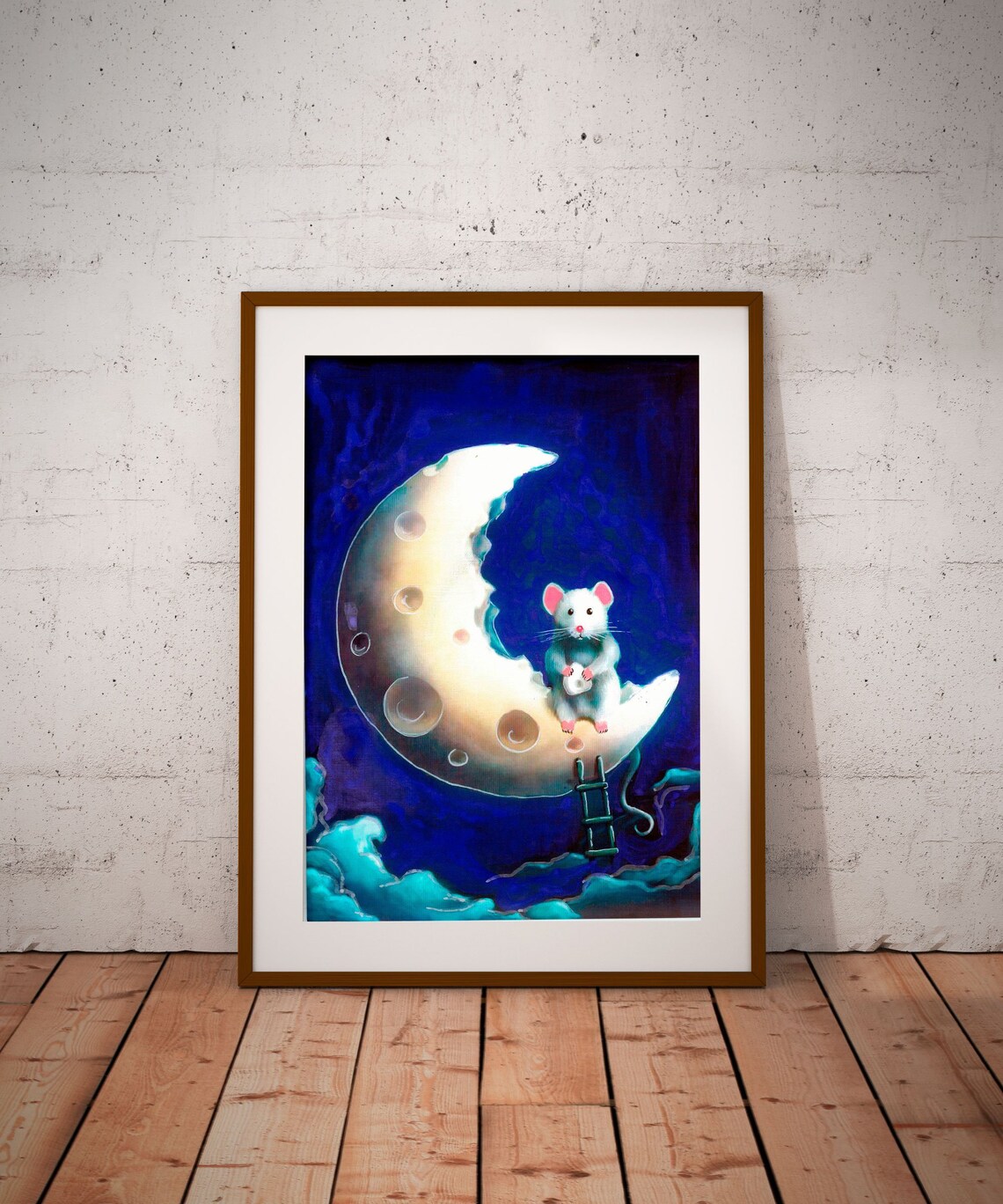 Little Mouse on Crescent Moon Ladder Dreamy Night Art Poster