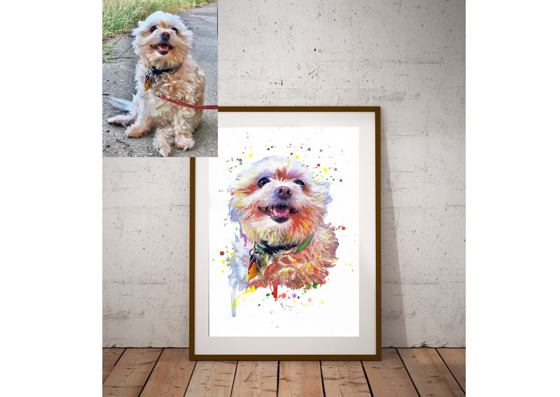 Custom White Fluffy Dog Watercolor Pet Portrait Splash Poster