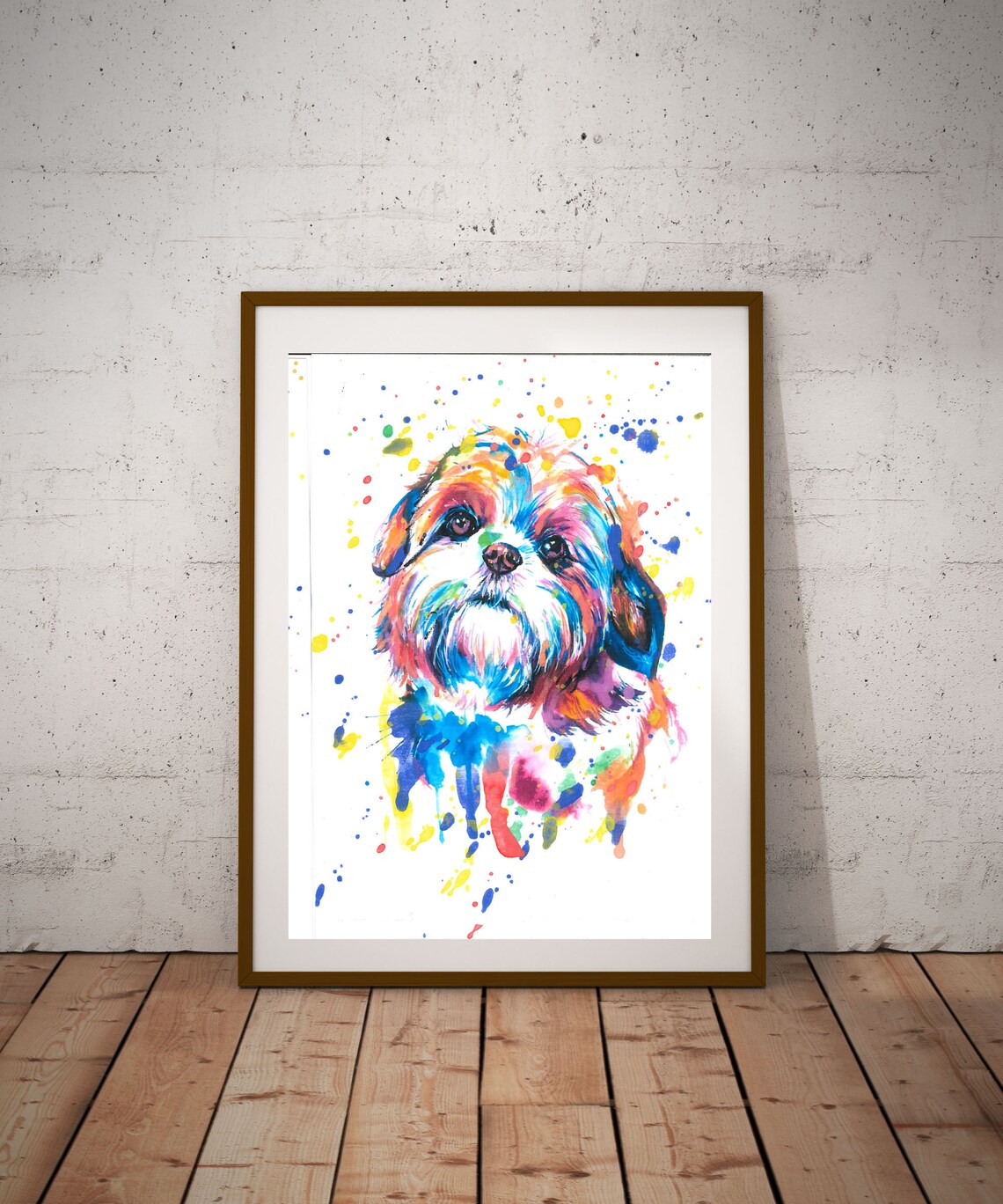 Shih Tzu Puppy Rainbow Watercolor Paint Drip Cute Dog Portrait Poster