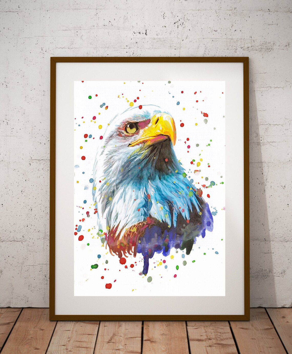 Bald Eagle Portrait Blue Watercolor Splash Colorful Art Poster