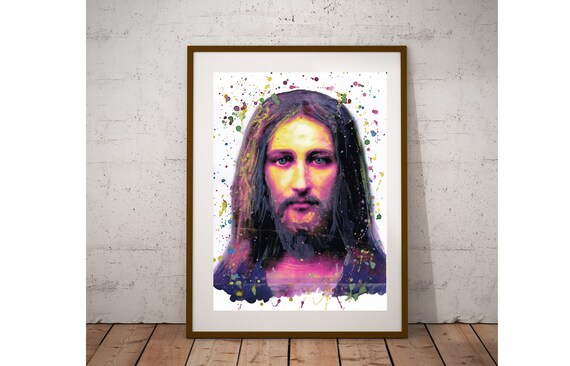 Jesus Christ Face Neon Splash Modern Watercolor Faith Art Poster