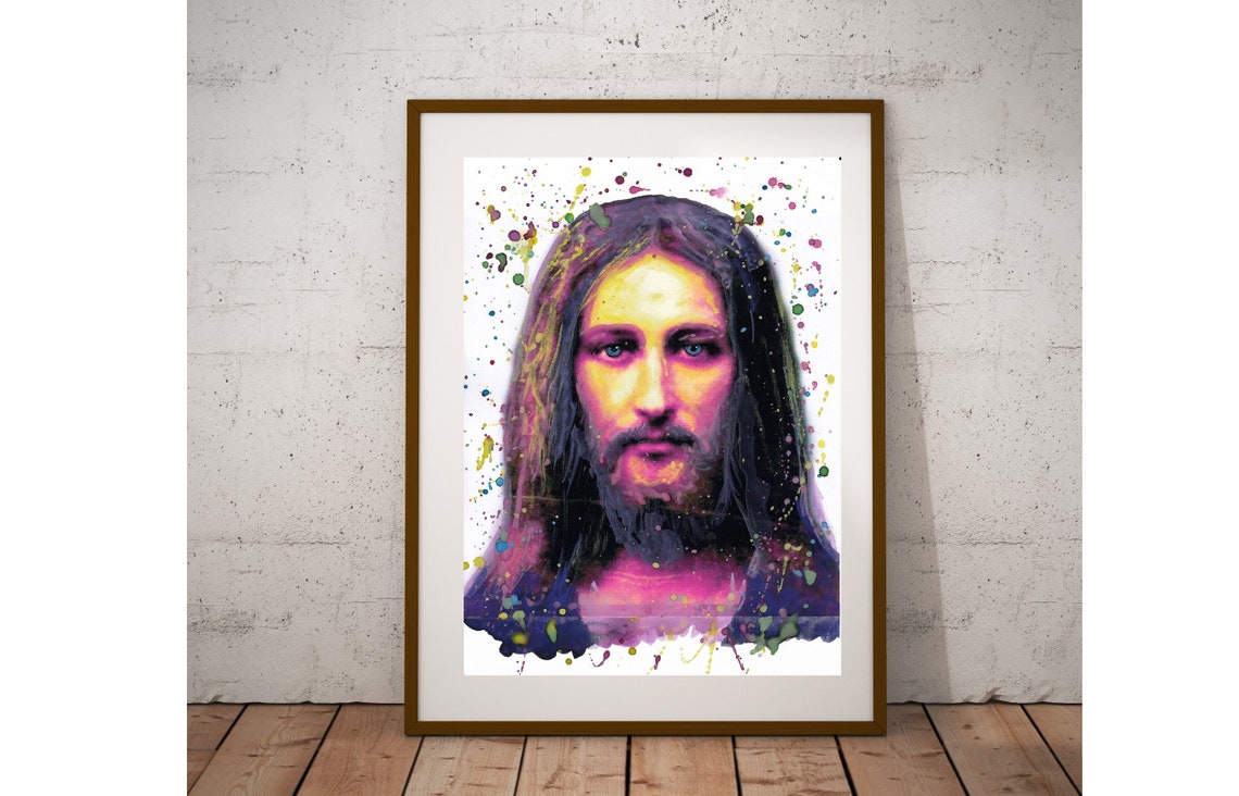 Jesus Christ Face Neon Splash Modern Watercolor Faith Art Poster