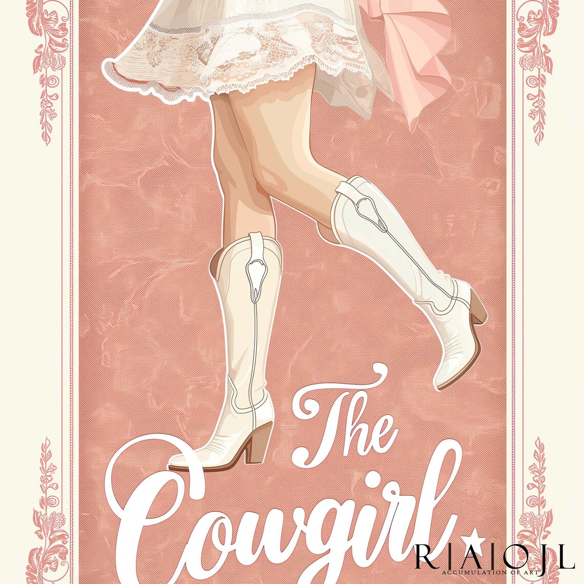 The Cowgirl White Boots Twirl Skirt Pink Floral Border Poster - Image 4