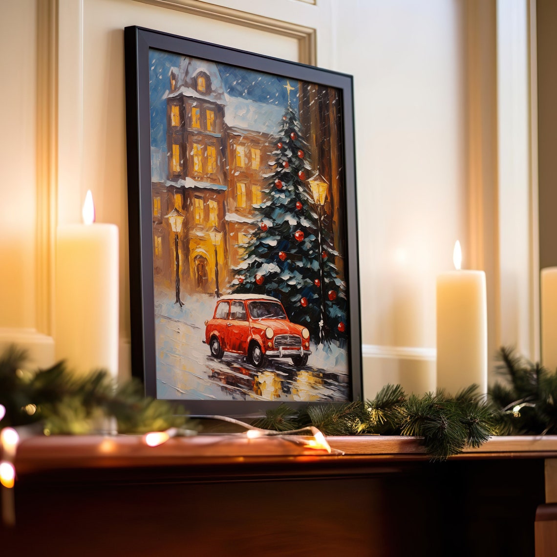 Snowy Christmas City Street Red Car and Decorated Tree Art Print - Image 4