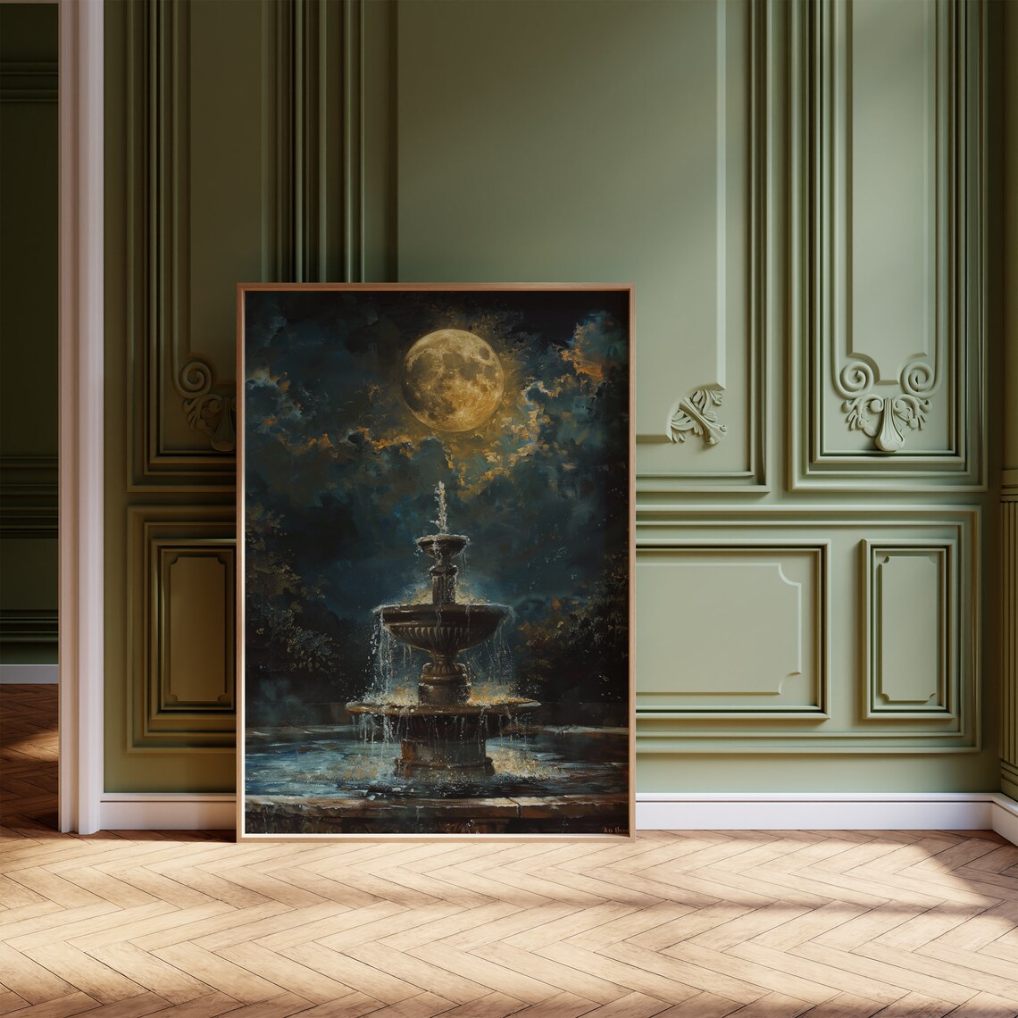 Full Moon Above Water Fountain Art Print, Vintage - Image 3