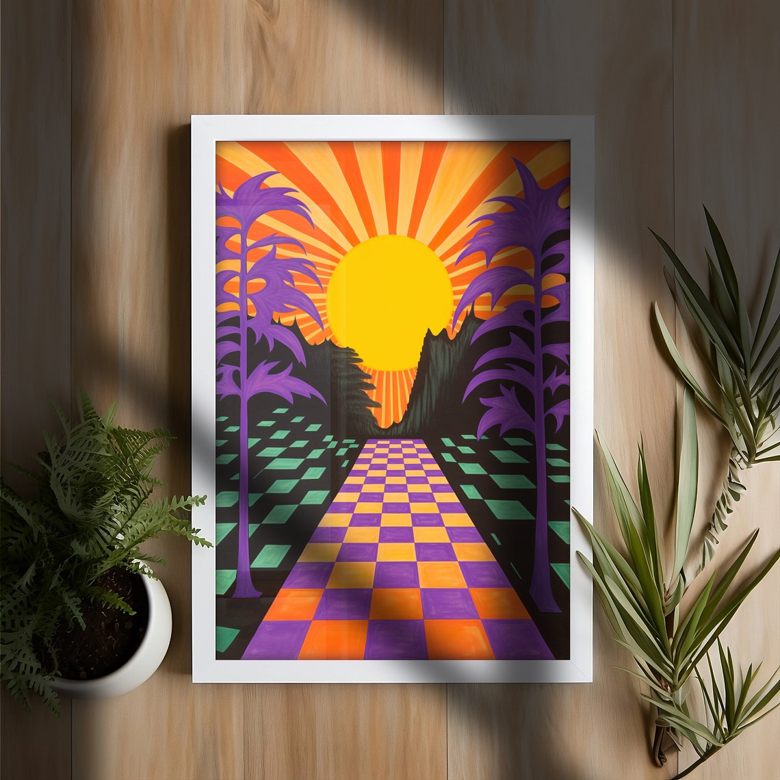 Psychedelic Retro Checkerboard Path Sunset Purple Palm Art Print - Image 3