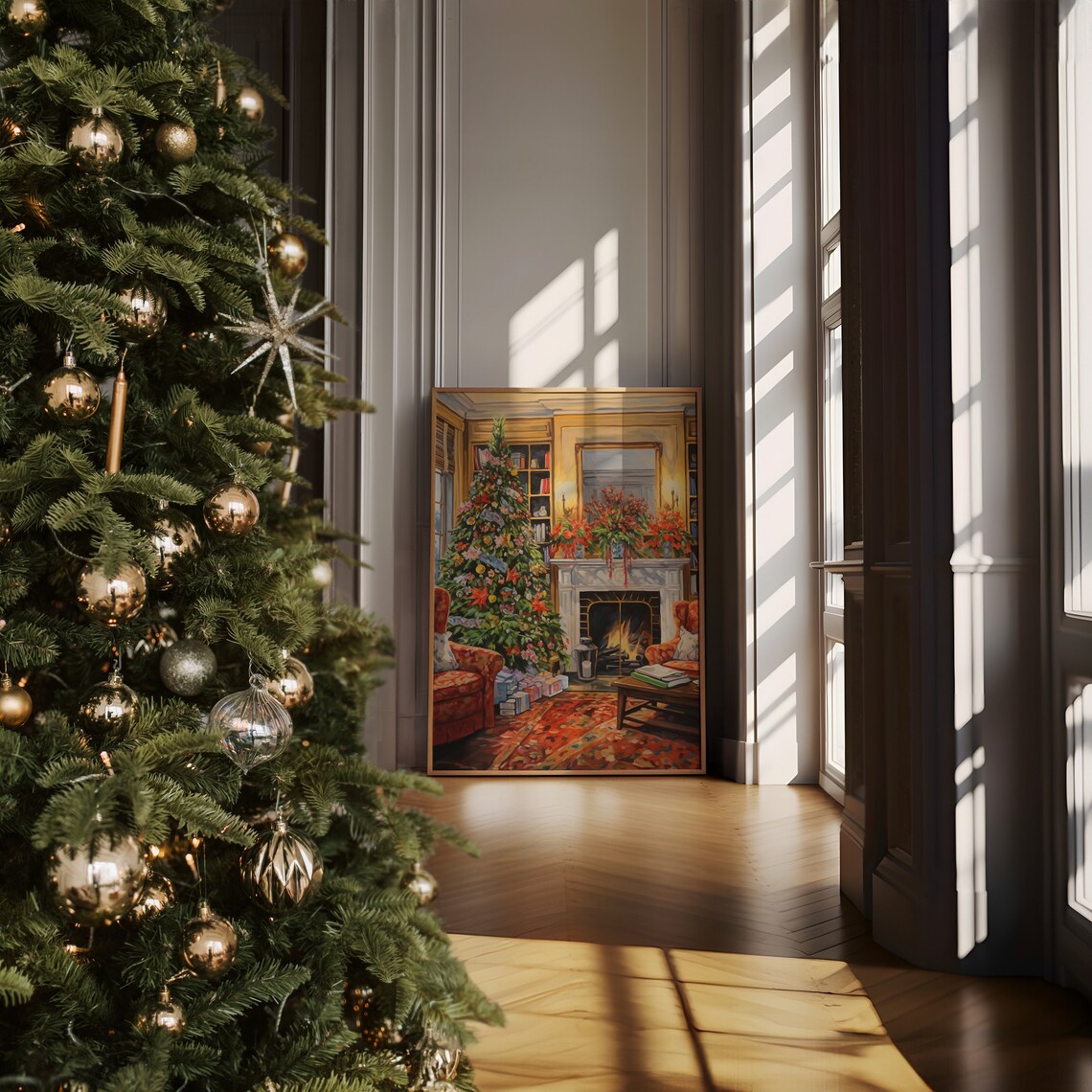 Vintage Christmas Living Room Tree Fireplace Mantel Art Print - Image 3
