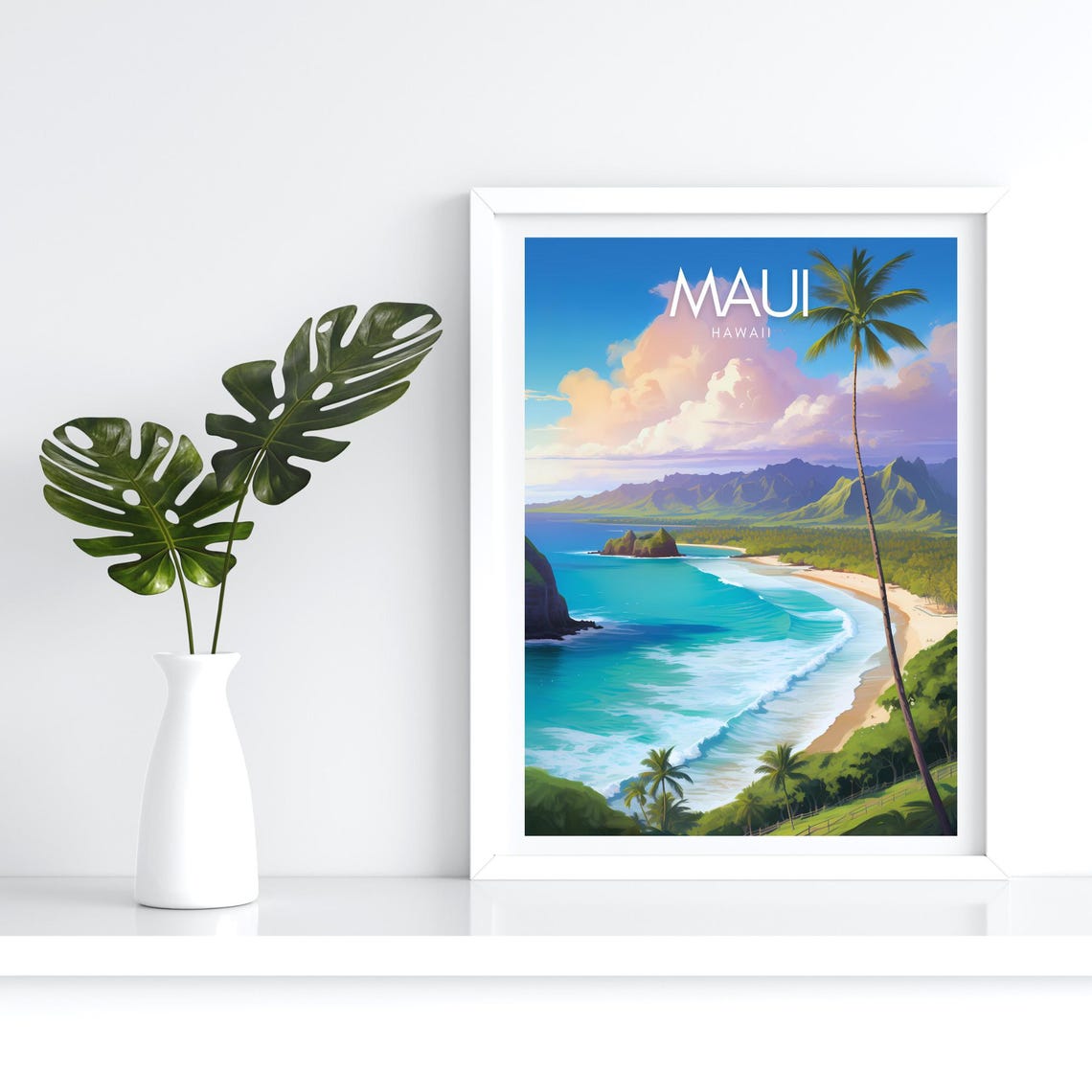 Maui Hawaii Poster with Turquoise Bay Palm Trees and Green Cliffs - Image 4