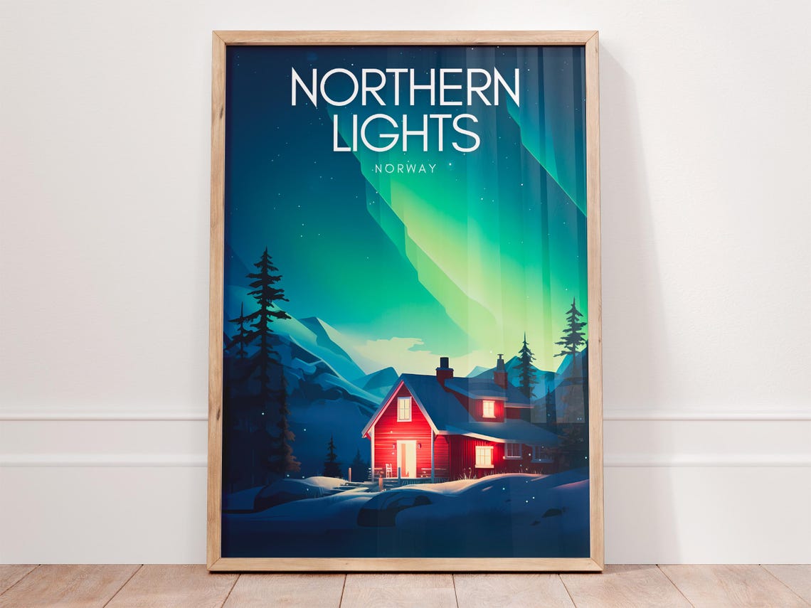 Northern Lights Norway Aurora Borealis Cabin Night Sky Poster