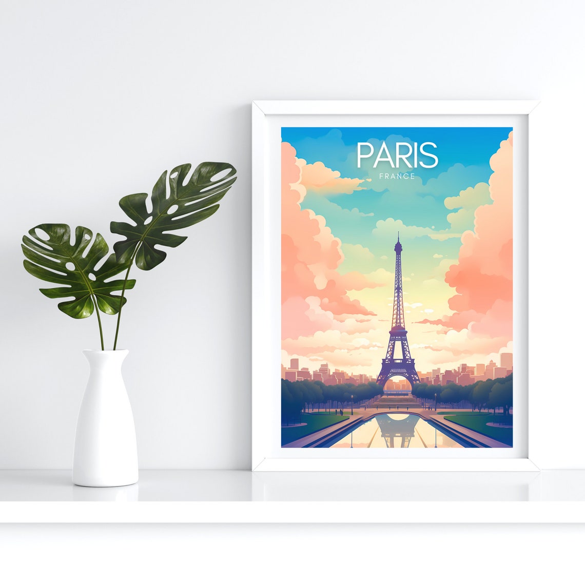 Paris France Eiffel Tower Sunset Pink Clouds City Travel Poster - Image 4