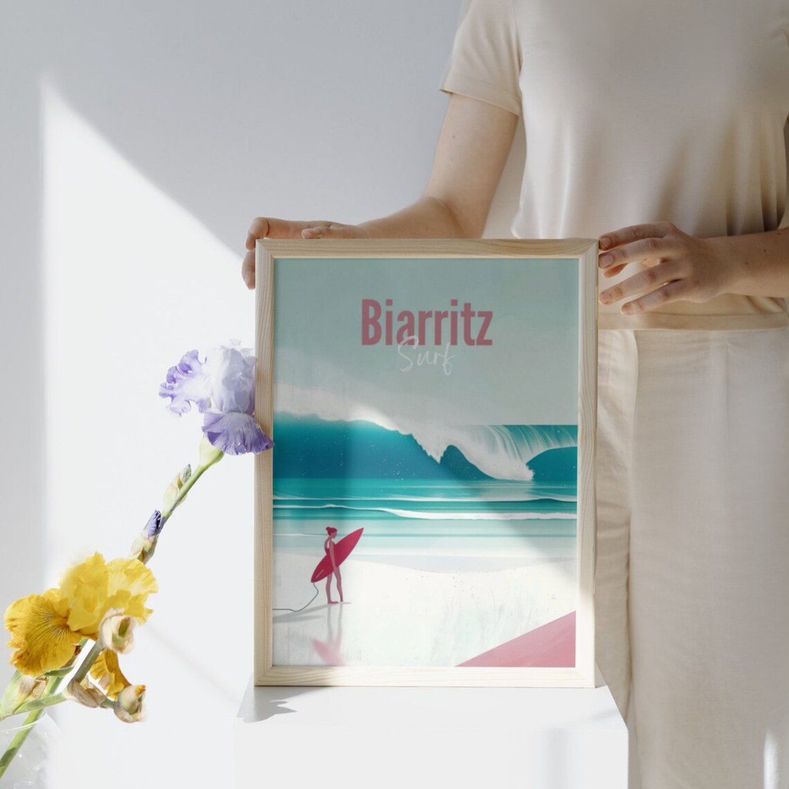 Biarritz France Surfer Girl With Red Board Big Ocean Wave Poster - Image 3