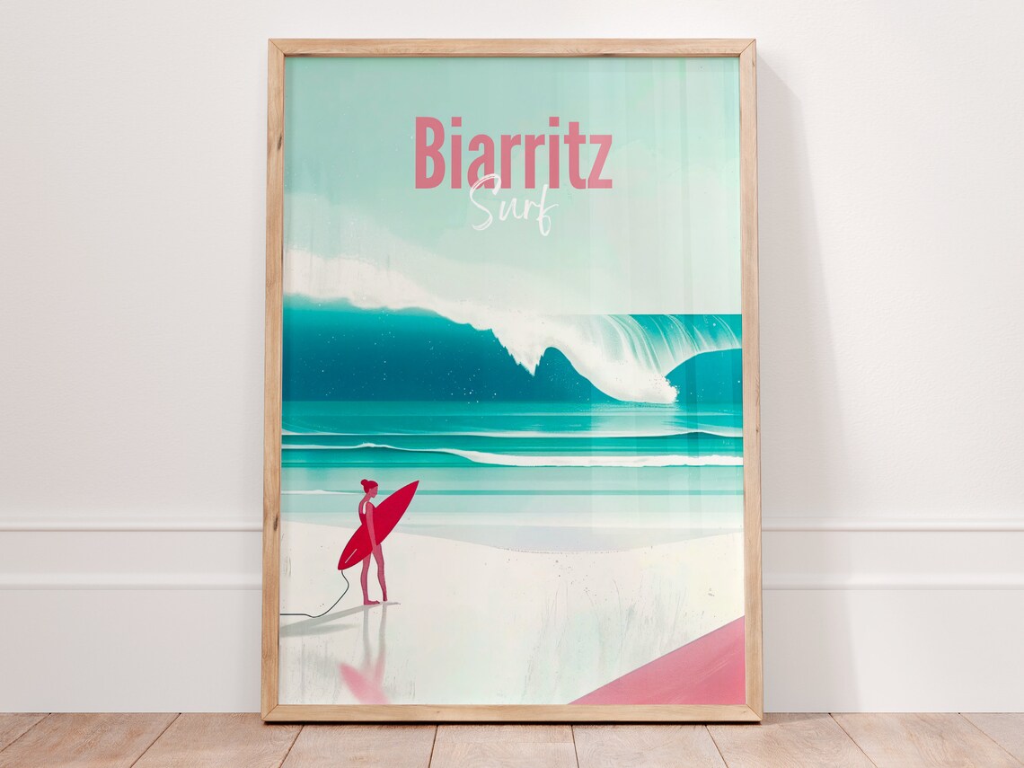 Biarritz France Surfer Girl With Red Board Big Ocean Wave Poster