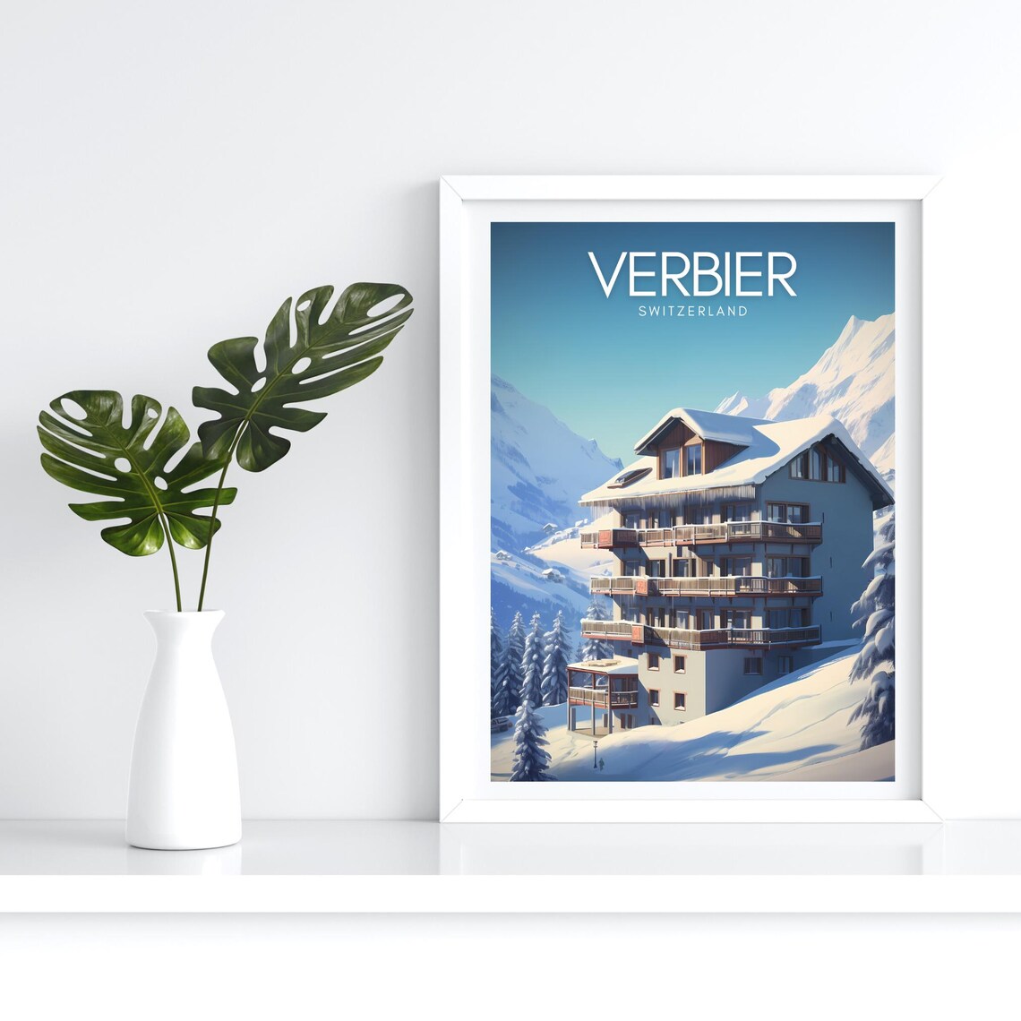 Verbier Switzerland Ski Chalet in Snowy Alpine Peaks Travel Poster - Image 4