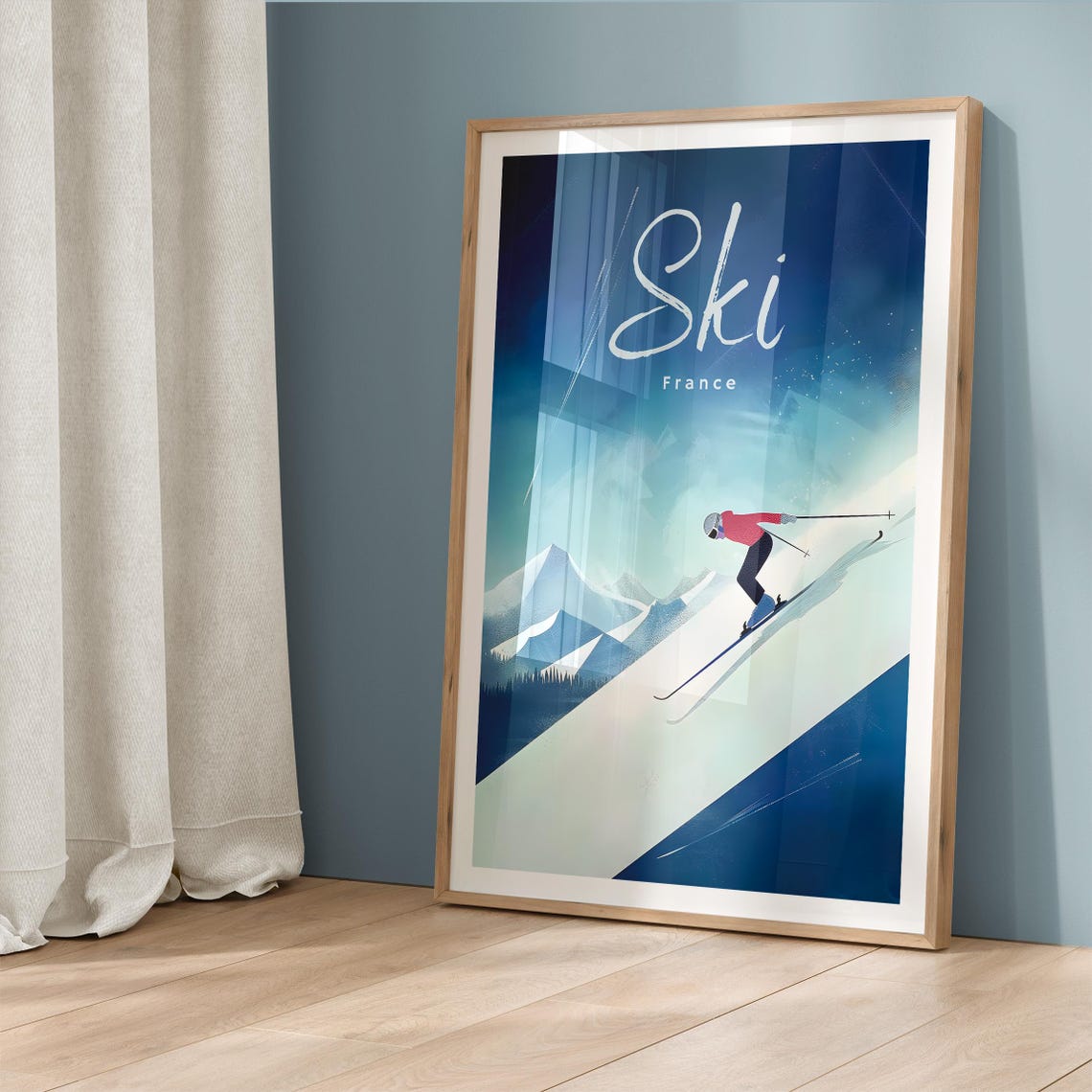 Ski France Minimalist Downhill Racer on Deep Blue Slope Poster - Image 5