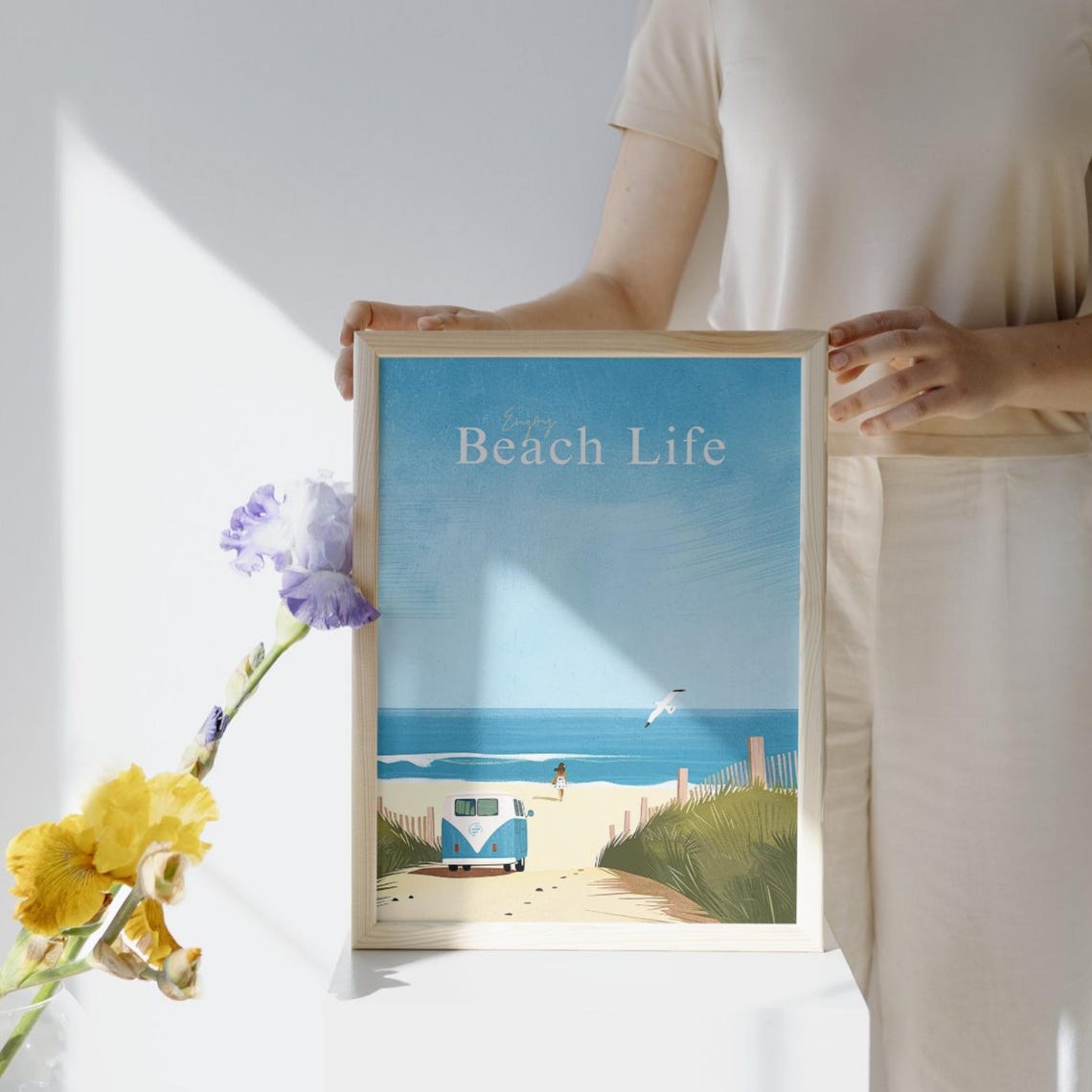Enjoy Beach Life Camper Van Surfer Girl Seaside Escape Poster - Image 2